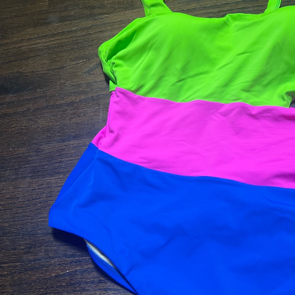 Swimsuits for All , size 12 lime hot pink and bright blue color block swimsuit - Picture 4 of 13